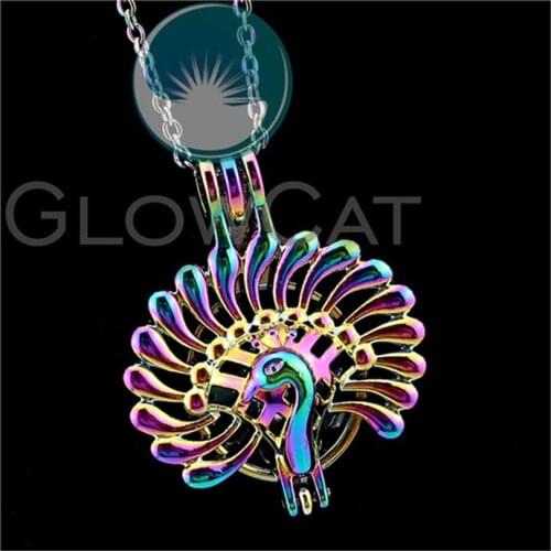 R-C668 Rainbow Peacock Beads Cage Pendant Aroma Perfume Diffuser Stone Pearl Cage Locket Necklace