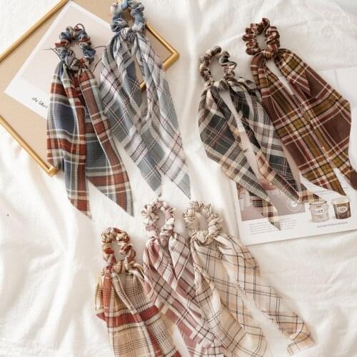 Fashion Lattice Long Ribbon Hair Scarf Women Chiffon Soft Scrunchie Ponytail Hair Accessories Elastic Hair Bands Girls Headwear