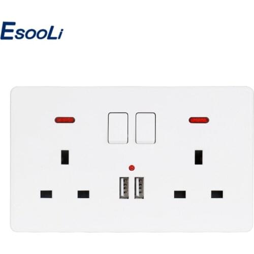 Esooli Wall Power Socket Double UK Standard Outlet Switched 2.1A Dual USB Charger Port LED indicator 146mm*86mm White Color