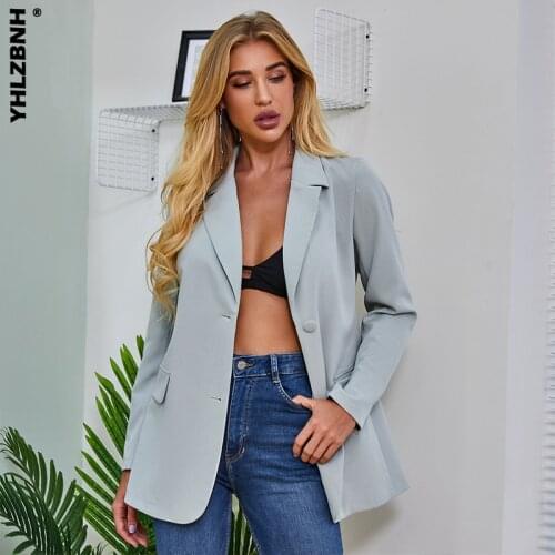 YHLZBNH Autumn Solid Women Elegant Blue Blazer Women Jacket Womens Korean Style Button Loose V-neck Long Sleeve Cardigan