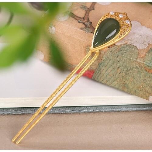 Chinese Jade Hair Stick Gold Plated 925 Sterling Silver Hair Fork Accesories For Women Jewelry Luxury Hairpins Wedding Gift