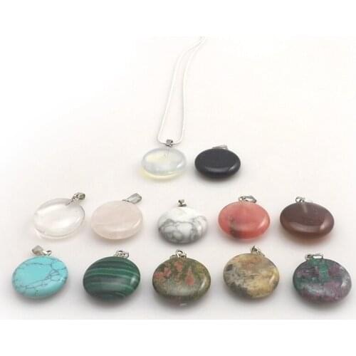 Mixed Lot Natural Stone Round Shape Pendant Silver Color Chain Necklaces For Women 12pcs/lot