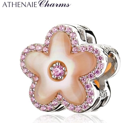 ATHENAIE 925 Sterling Silver Pink CZ Fritillaria Shell Peach blossom Charms Beads Fit Bracelets For Women