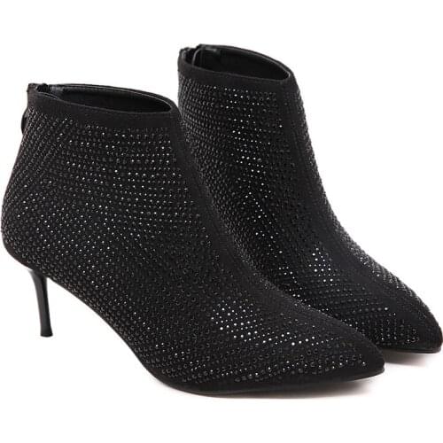 Fall Boots Classic Black Short Boots 6cm Heel Ankle Boots For Women Stiletto Boots Ladies Rhinestone Heels Autumn Office Shoes