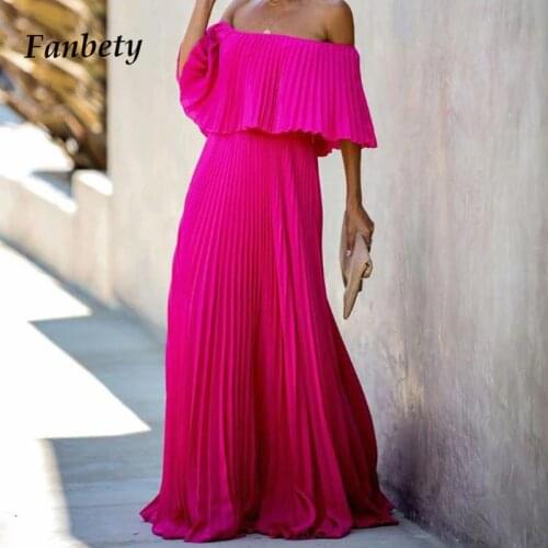 Sexy Off Shoulder Ruffle Loose Boho Long Dress Elegant Slash Neck Office Lady Maxi Dress Women 2021 Summer Solid Casual Dress