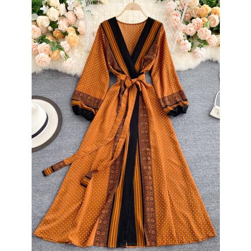 Spring Autumn Women Printed Long Dress Vintage Puff Long Sleeve High Waist A-Line Vestidos Female 2021 New Fashion Beach Robe