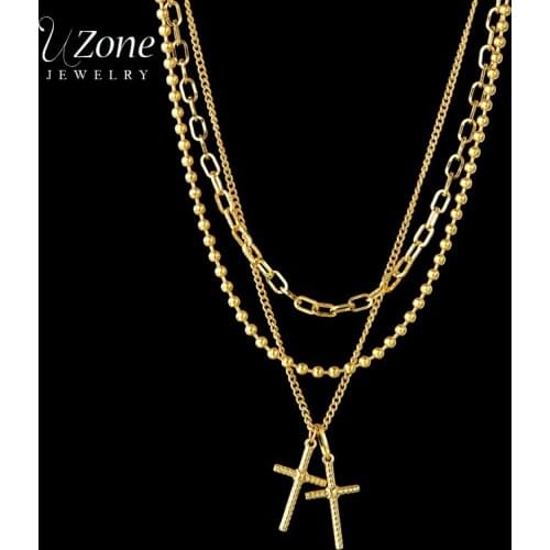 UZone Vintage Gold Double Crosses Pendant Necklace Stainless Steel Multi-layer Chain Necklaces For Women Men Party Gift Jewelry
