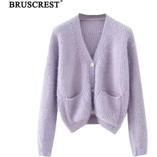 Winter clothes Fall woman sweaters knitted vintage sweaters for women purple cardigan sweater korean long sleeve top cute v neck