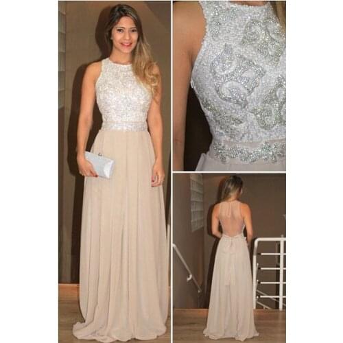 2014 Lindo Vestido Womens Evening Long Evening Gowns O-Neck Sequins Beaded Chiffon Back See-through Tulle Prom Dress BO3674