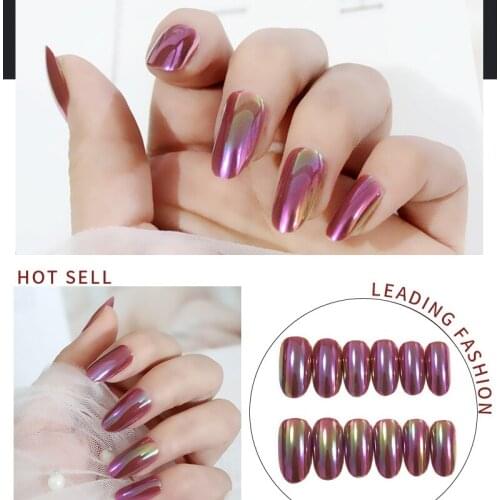24pcs Oval Mirror False Nails Magic Nail Powder Design Europe America Glue Wearing Loan Fake Nail Extension New Fashion Nail Art