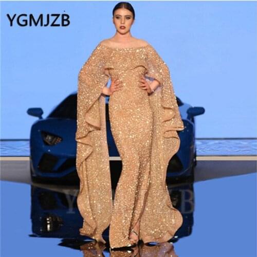 Sparkly Sequin Evening Dresses 2020 Mermaid Long Sleeves Saudi Arabic Women Formal Prom Gowns Party Dress