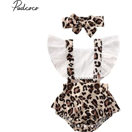 Pudcoco Newborn Infant Baby Girl Bodysuit Kids Leopard Print Ruffles Tie Back Jumpsuit + Headband Outfits Set