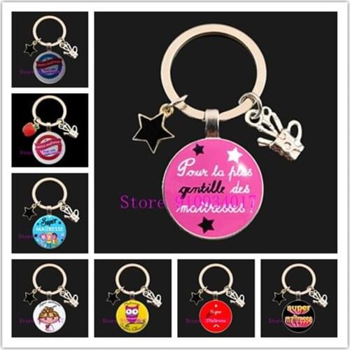 Popular fashion teacher round glass gift keychain new teachers day gift keychain jewelry thank you teacher round glass keychain