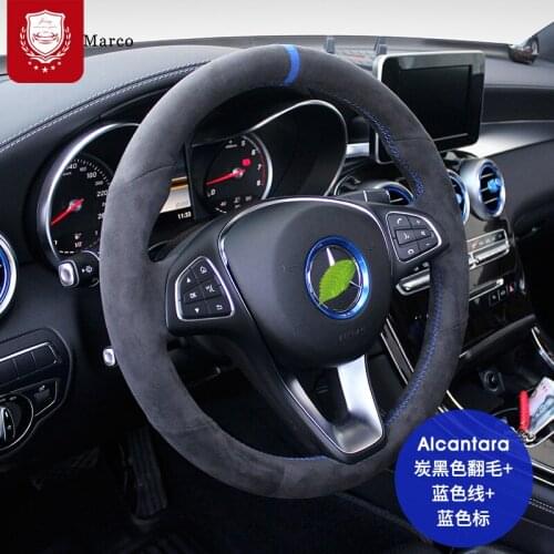 Steering wheel cover for Mercedes-Benz C200 GLC 260E 300L CLA 220 real Alcantara Flip Fleece Cover Blue thread Hand Sewing