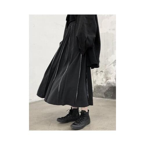 Black high-waisted pleated a-line skirt mid-length irregular skirt fall new half-length skirt