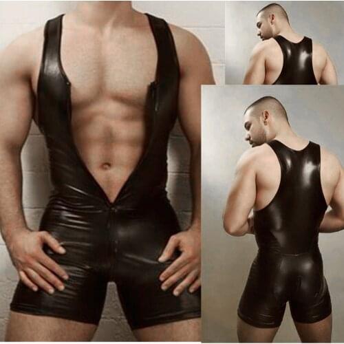 Men Lingerie Bodysuit Black Sexy Faux Leather Zipper Chest Open Bust Stretch Tight Erotic Catsuit Fetish Gay Costumes Clubwear