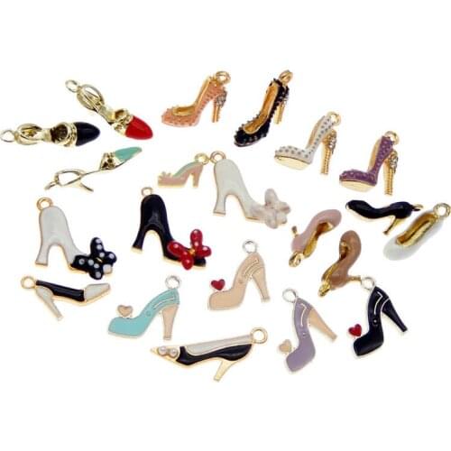 Julie Wang 20PCS Enamel High Heel Charms Mixed Women Shoes Alloy Gold Tone Necklace Bracelet Jewelry Making Accessory