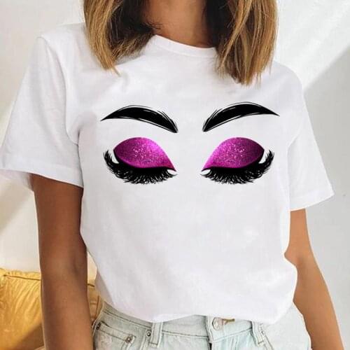 Women Eyelash Watercolor Style Sleep Female Short Sleeve Cartoon Print Cute Ladies Tees Tshirt Clothes Tops Graphic T-Shirt