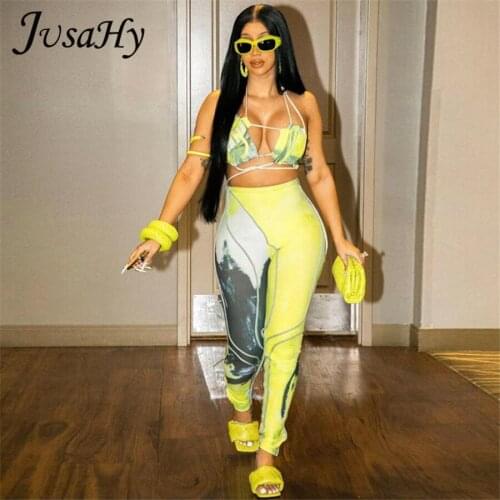 JusaHy Unique Designer Print 2 Two Piece Set Women Low-Neck Crop Tops+Pants Matching Outfits Summer Trend Casual Sexy Streetwear