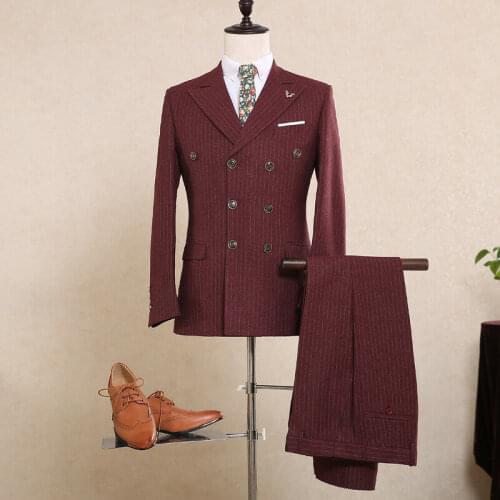 Handsome Burgundy Striped Mens Suits 2 Pieces Slim Fit Double Breasted Wear Prom Party Wedding Groom Formal Tuxedos