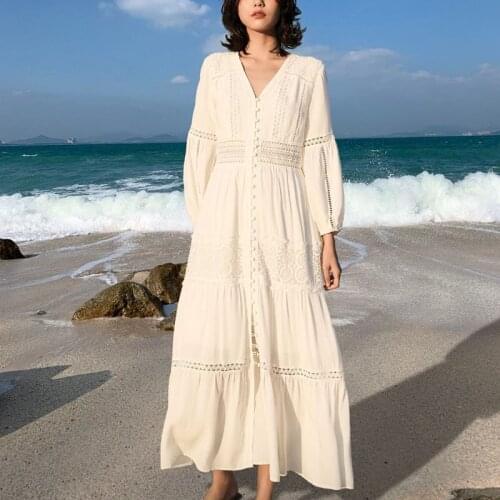 Summer Cotton Womens Dress V-Neck Cardigan Button White Solid Hollow Out Embroidery Fashion Casual Dress