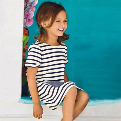 Hot Sale 2-8 Years Girls Casual Short Sleeve Blue Stripe Denim Pocket Summer Dress Kids Cotton Casual Dresses Children Clothing
