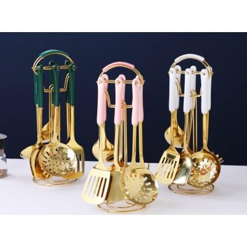 Nordic 7Pcs Kitchen Utensil Set Stainless Steel Cooking Spoon Spatula Shovel with Ceramic Handle Carousel Holder Tools