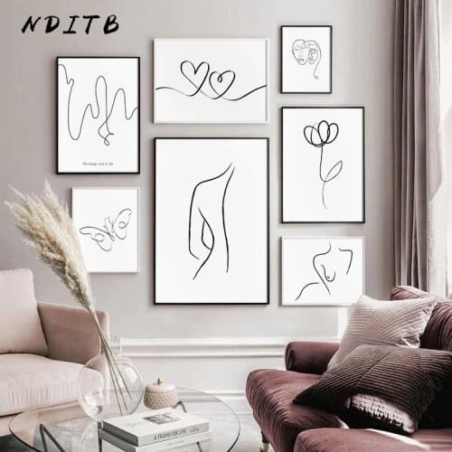 Nordic Line Drawing Canvas Wall Art Print Painting Abstract Flower Woman Poster Minimalist Decorative Picture Modern Home Decor