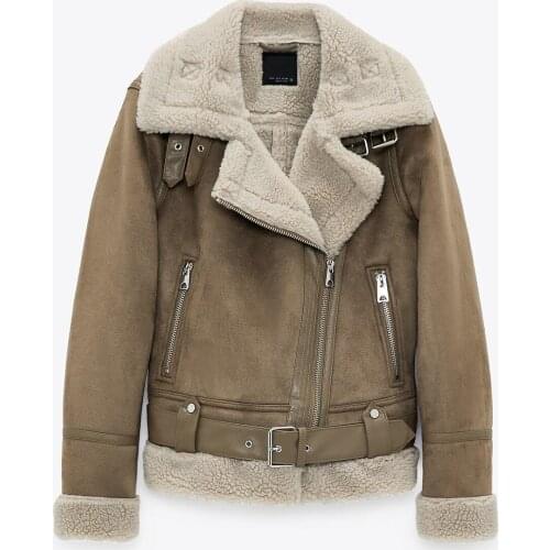 2021 Winter New Thick And Warm Womens Retro Lamb Wool Motorcycle Jacket Chic Belt Casual Loose Jacket Beige Black Jacket Women