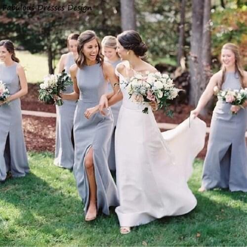 Formal Grey Satin Bridesmaid Dresses Long A Line With Split O-neck Sleeveless Bridal Party Dress For Women Prom Gown