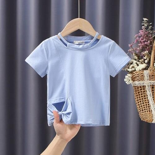 2-6 Years Children Girl T-shirt Summer Cotton Fashion Solid Short Sleeve Bowknot Hollow Kids Girl Tops Clothes
