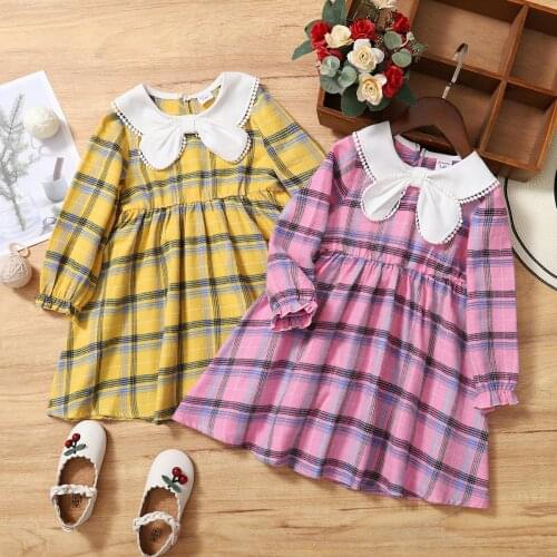 PatPat Toddler Girl Doll Collar Bowknot Design Long Ruffle-sleeve Plaid Dress