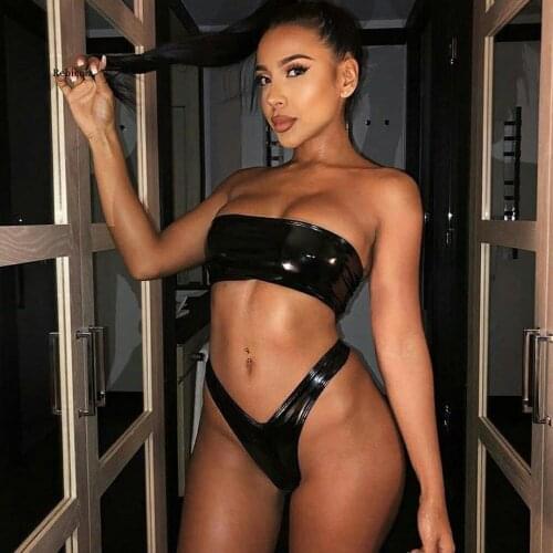 Sexy Shoulderless Women Thong Bikini Set Pu Letter Back Zipper Push Up Padded Women Biquini Swimwear Bathing Suit