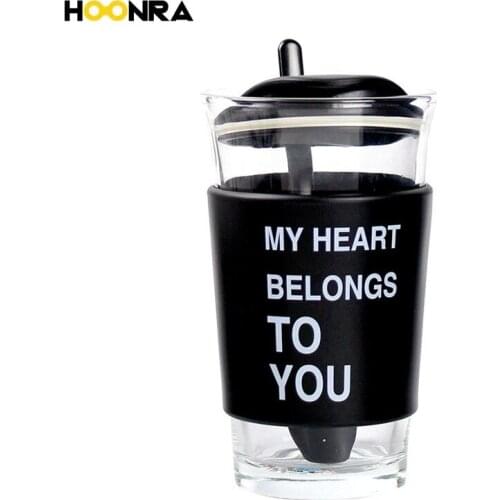 HOONRA 400ML Glass Cup Coffee Mug Letter Milk Tea Water Bottle With Lid and Spoon Glass Crystal Transparent Drinkware Gift