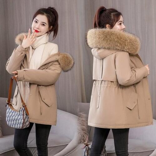 Thickened jacket womens big wool collar 2021 winter new Korean waist trimming leisure Parker cotton jacket