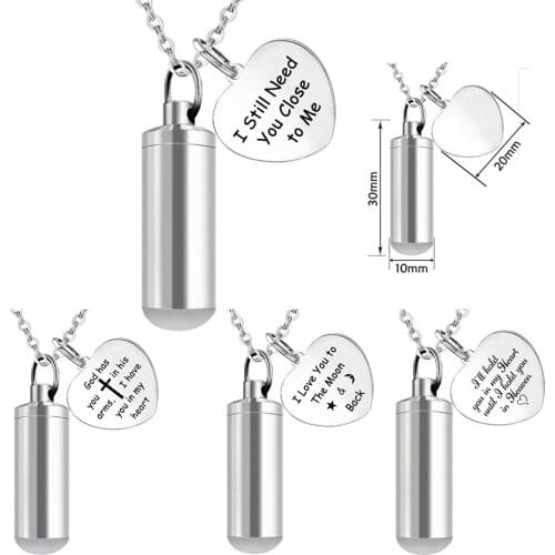 Fashion Stainless Steel Cremation Jewelry Cylinder Heart Urn Necklace for Ashes Memorial Keepsake Pendant