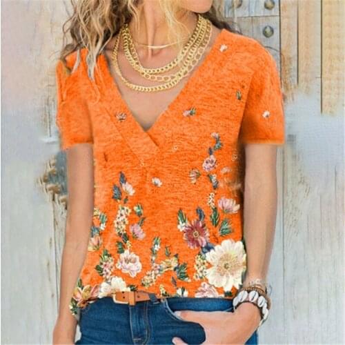 2021 Summer Women Printed Floral Short Sleeve T-shirt Casual Loose V-neck Street Ladies Tops Tee Shirt Femme