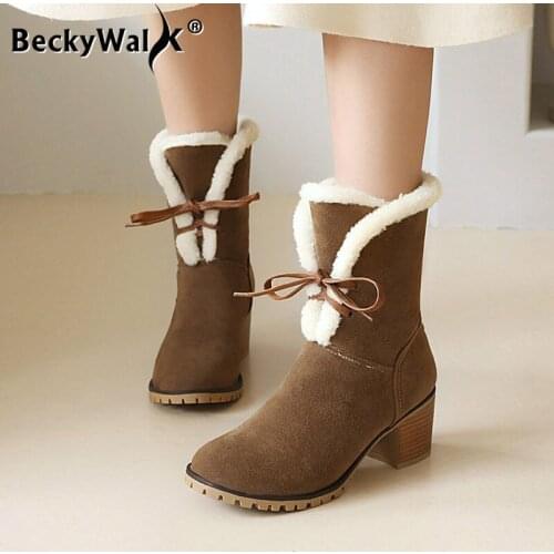 2021 Winter Fur Plush Women Shoes Two Style botines Fashion High Heels Snow Boots Large Size Front Lace-up Women Boots WSH3744