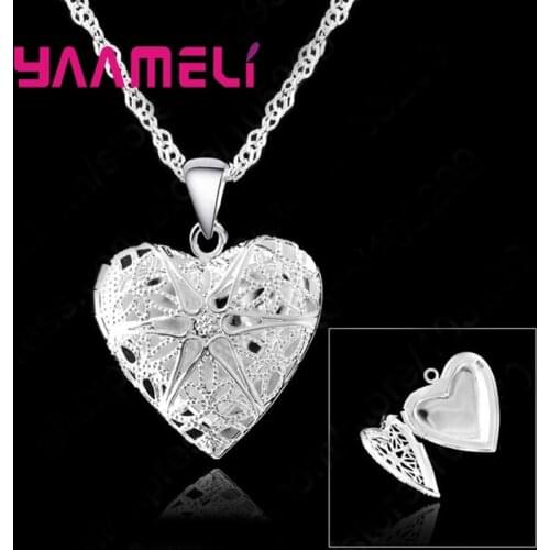 Hollow Out 925 Sterling Silver Chains Necklace Heart Shape Open Case Photo Frame Pendants Necklaces For Women Party Jewelry
