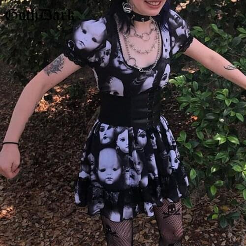 Goth Dark Skull Printing Harajuku Emo Dresses Womens Gothic Punk Aesthetic Lace Hem Mini Dress Short Sleeve Emo Slim Streetwear