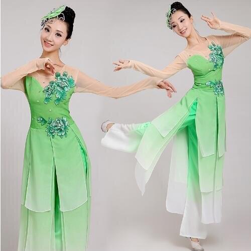 0100) Embroidery Umbrella/fan/yangko dance Costume green female sequins chinese folk dance costumes classical dance
