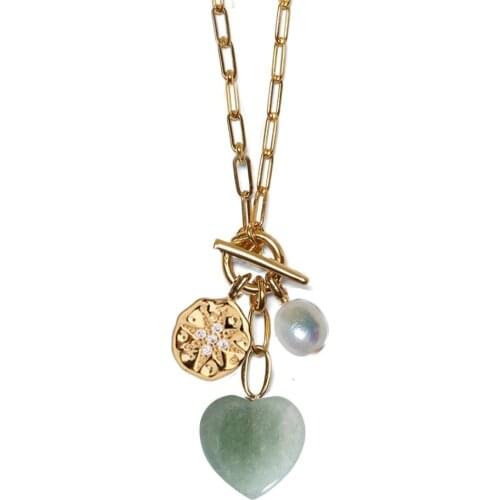 2021 coin charms Cultured Keshi Pearl green pink red back Mixed Color heart pendant Rectangle Chain Necklace party sweater women