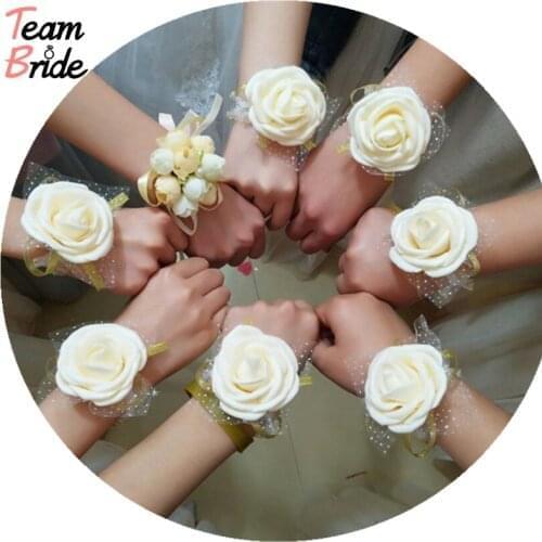 Team Bride 3PC Wedding decoration Artificial Rose Wrist Flower Bridesmaids Wedding Gifts for Guests Bridal Party Favors Supplies