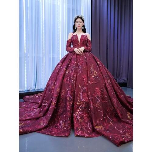 No.67367 Ball Gown Long Sleeves Scoop Neck Evening Dress Sexy Appliques Court Train Sukienki Wizytowe Formal Robe De Soiree 2021