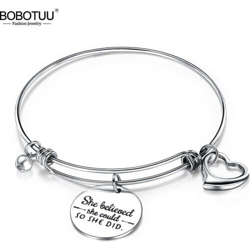 BOBOTUU Stainless Steel Creative Lettering She Believed Inspirational Loving Charm Bangles For Women Bohemia Jewelry BB17079
