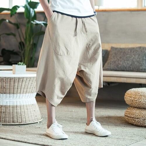 Loose Men Capri Pants Cotton Harem Pants Wide Leg Comfortable Male Short Trousers Bloomer Beachwear Plus Size 5XL Hip Hop Casual