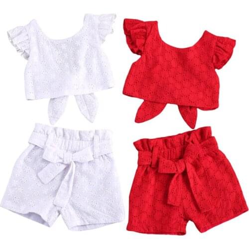 Summer Kids Baby Girl Clothes Sets 6M-5Y Jacquard Short Sleeve Backless Lace Up T-shirt Tops Shorts 2PCS Birthday Party Clothing