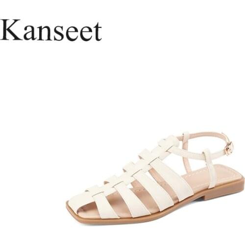 Kanseet Women Shoes New 2021 Summer Roma Sandals Back Buckle Strap Microfiber Leather Shoes Hollow Out Low Heels Sandals