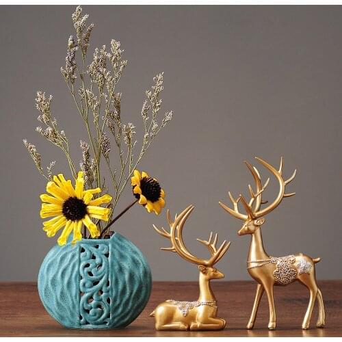 Chinese Deer Ceramic Vase Fake Dried Flowers Set Art Home Livingroom Figurines Crafts Hotel Office Desktop Furnishing Decoration