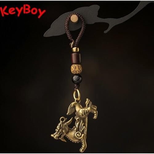Brass Mythical Beast Pi Xiu Figurine Keychain Lanyard Pendants Handmade Woven Rope Chinese Feng Shui Key Chain Hanging Trinkets
